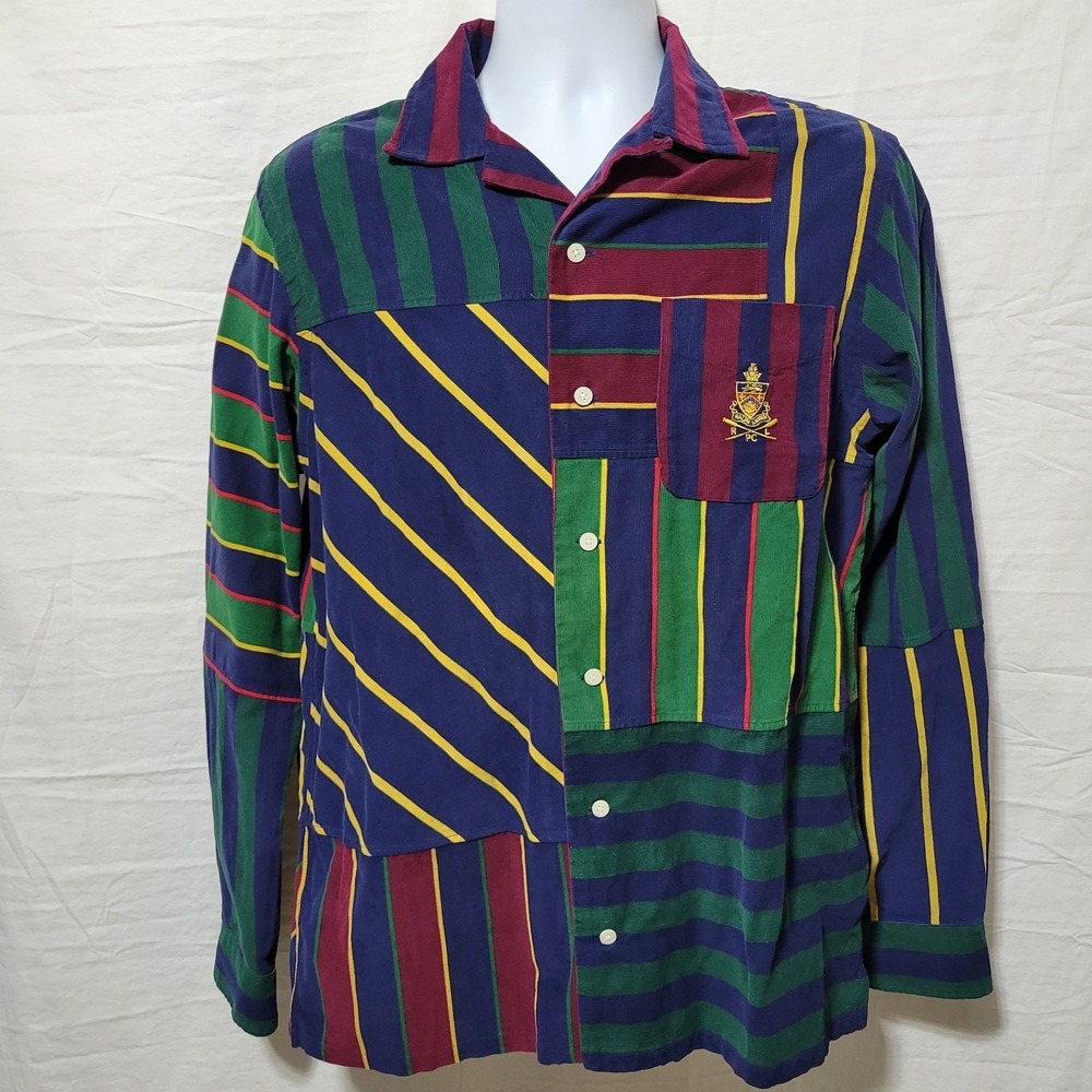 Polo Ralph Lauren Shirt Mens Size M Patchwork Custom Fit Corduroy Striped Crest
